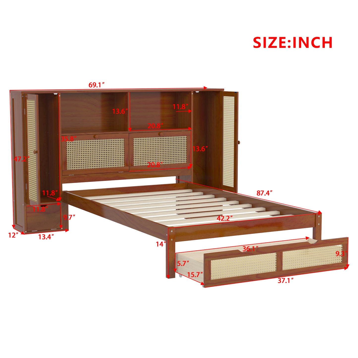 Twin Size Wooden Bed with Two Storage Lockers, Drawer, and Storage Shelf on Headboard, Multifunctional Platform Bed with Natural Rattan, Walnut