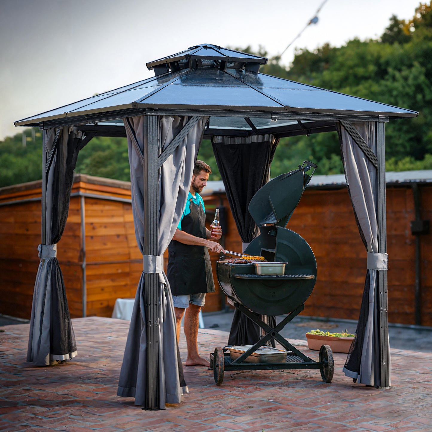 Outdoor Grill Gazebo 8 x 8FT, Hardtop BBQ Gazebo with UV-Resistant Polycarbonate Roof & Storage Hooks for Patio, Lawn, Garden
