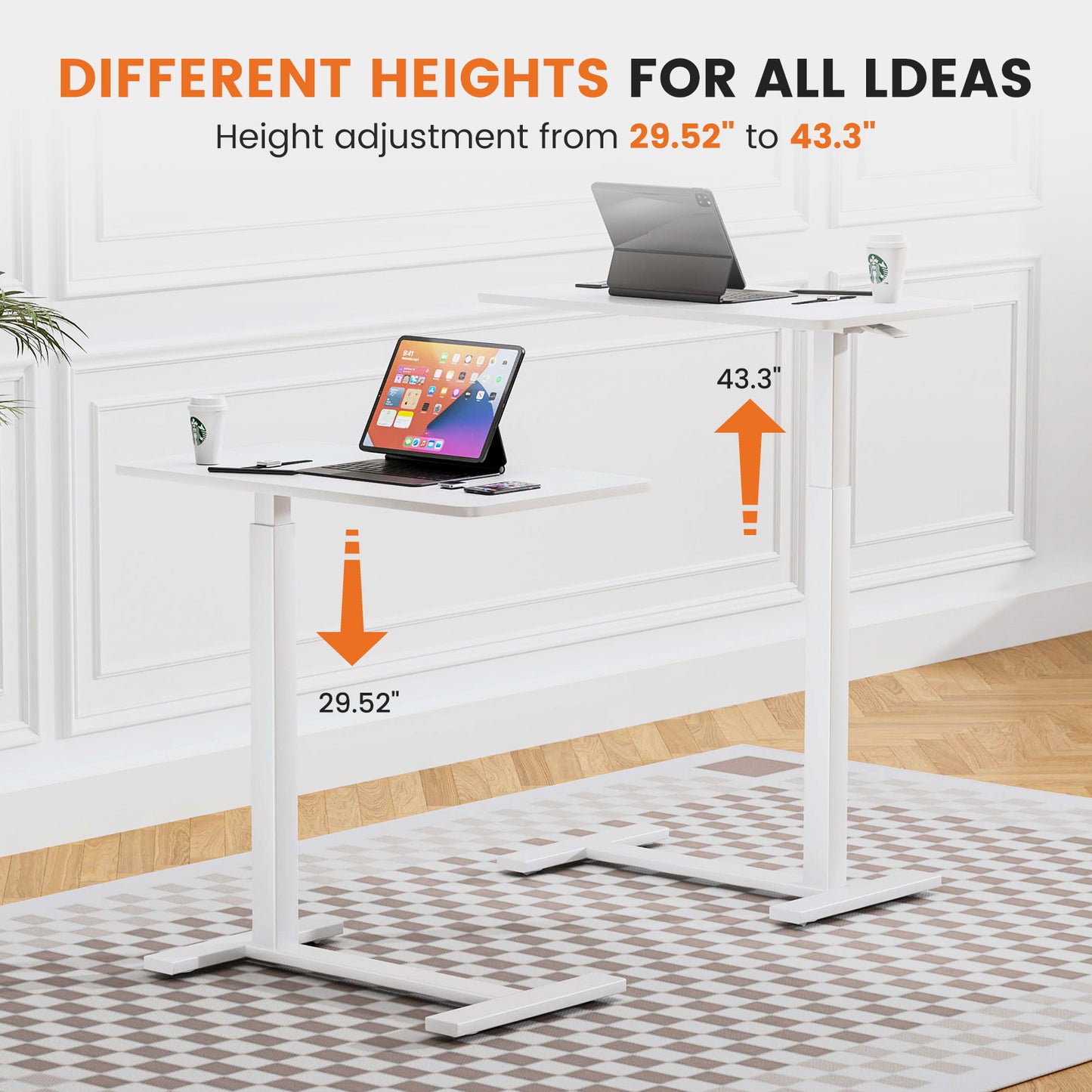 Adjustable mobile bed desk, computer desk, mobile standing desk, lifting desk, desk, white