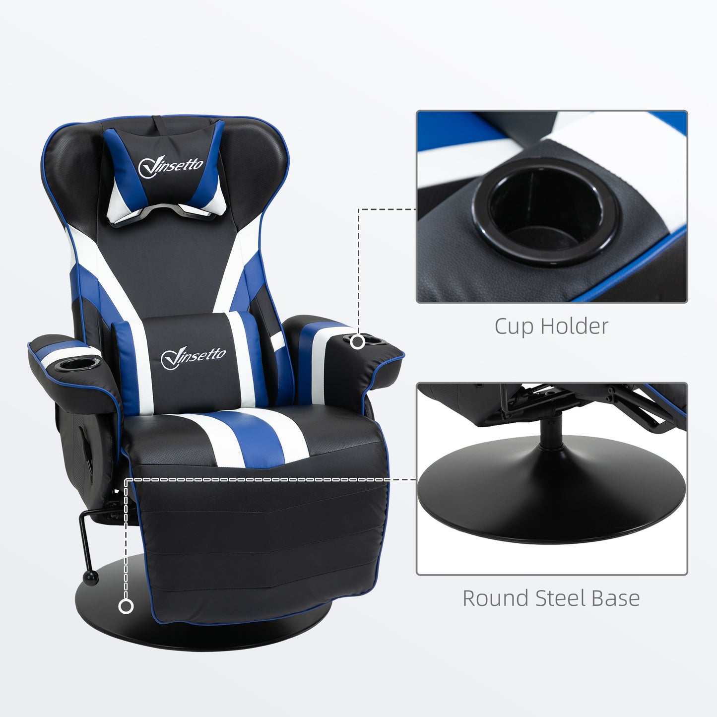 Vinsetto Gaming Chair, Racing Style Computer Recliner with Lumbar Support, Footrest and Cup Holder, Black/White/Blue