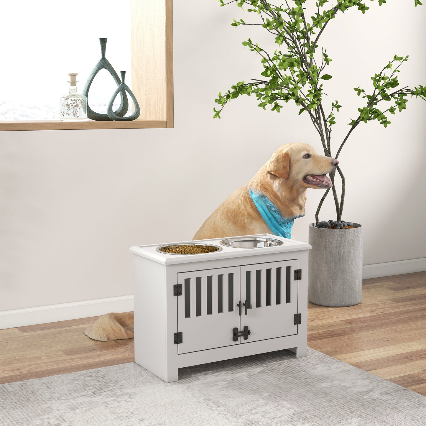 PawHut Large Elevated Dog Bowls with Storage Cabinet Containing Large 37L Capacity, Raised Dog Bowl Stand Pet Food Bowl Dog Feeding Station, White