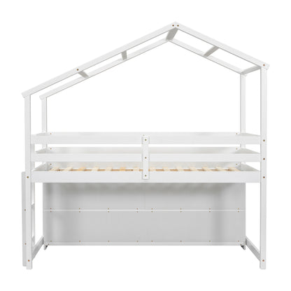 Twin House Loft Bed with Roof Frame, Under Bed Shelving Storage Unit, Guardrails, Ladder,White