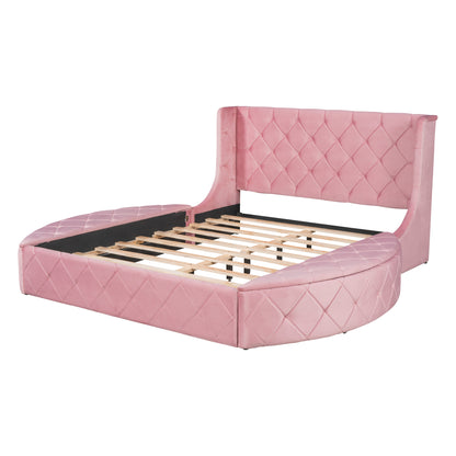 Upholstered Platform Bed Queen Size Storage Velvet Bed with Wingback Headboard and 1 Big Drawer,2 Side Storage Stool(Pink)