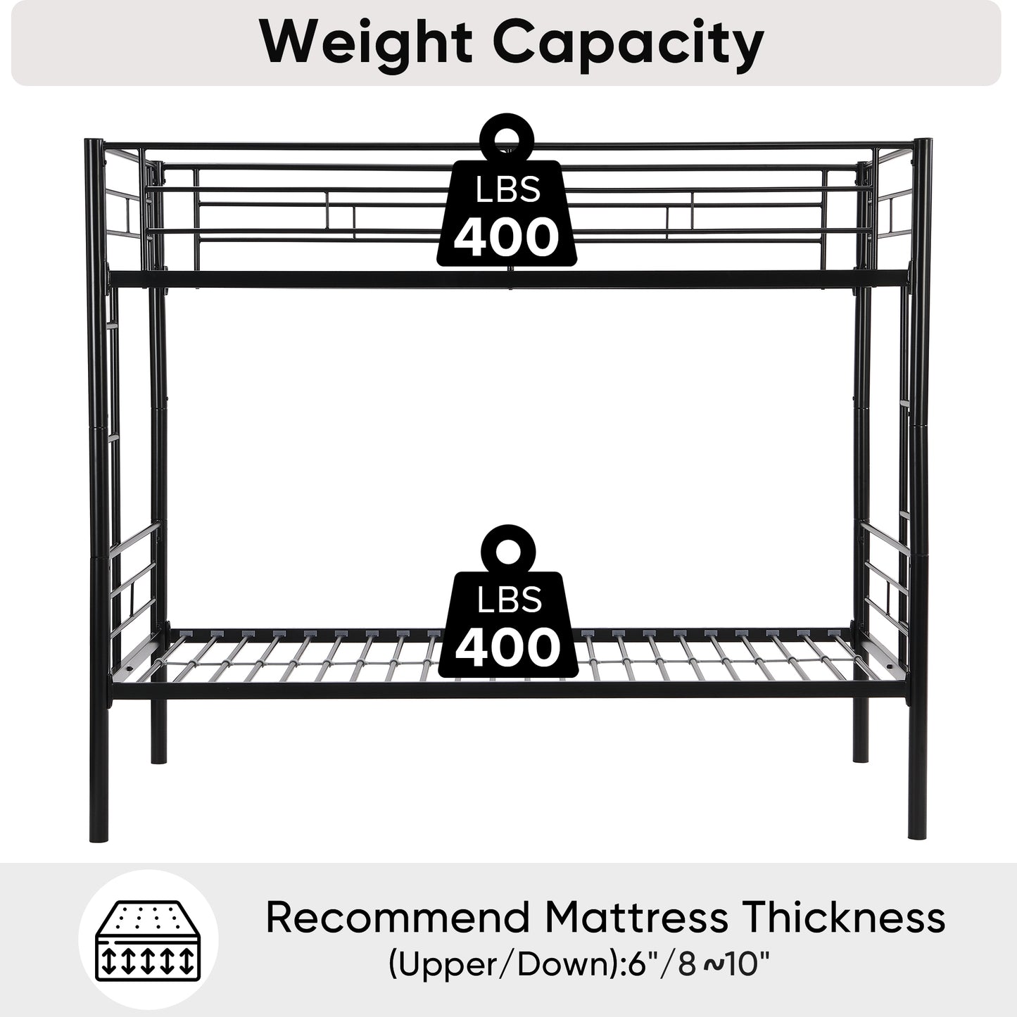 Bunk Bed Twin Over Twin Size with 2 Ladders and Full-Length Guardrail, Metal, Storage Space, No Box Spring Needed, Noise Free, Black