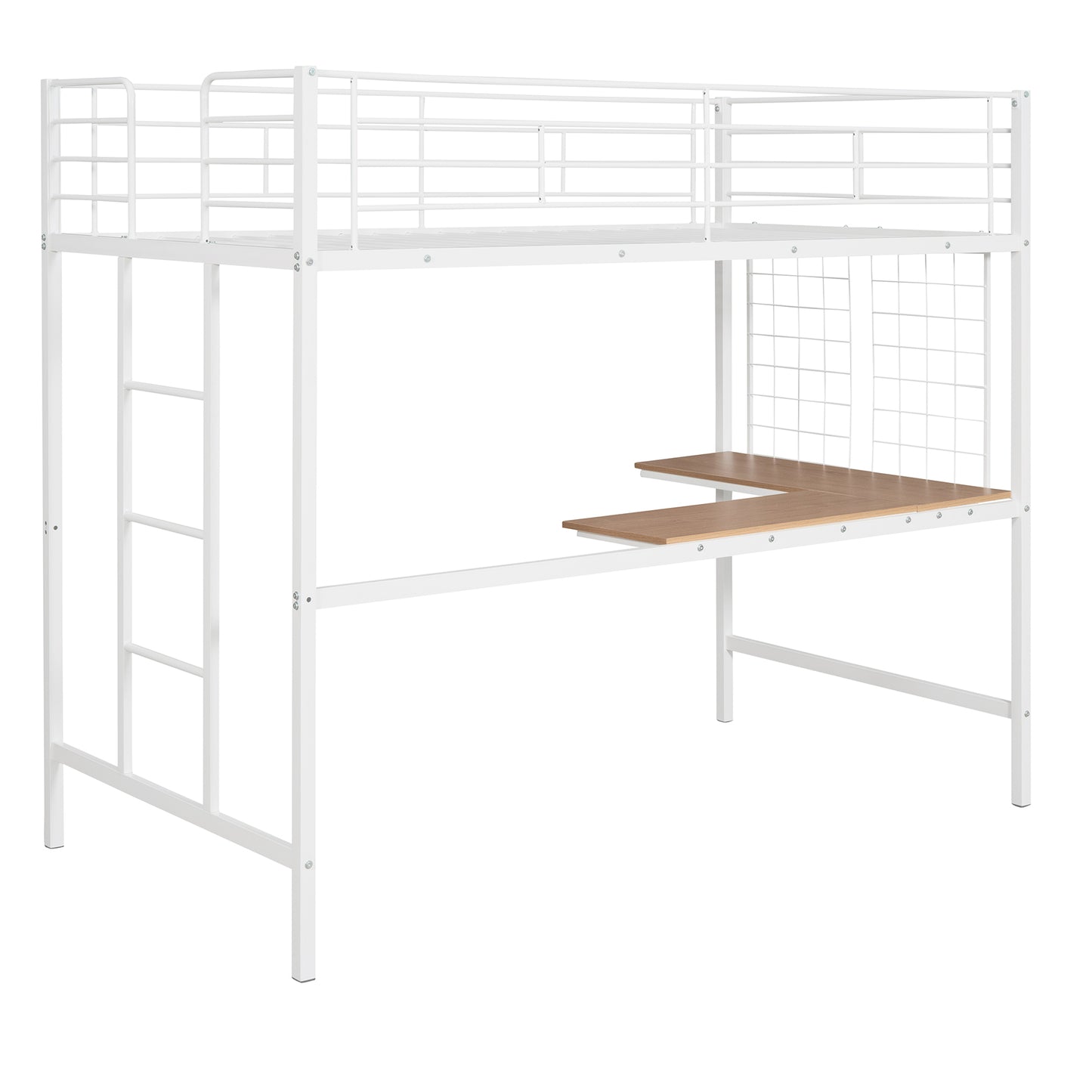 Twin Metal Loft Bed with Desk and Metal Grid,White