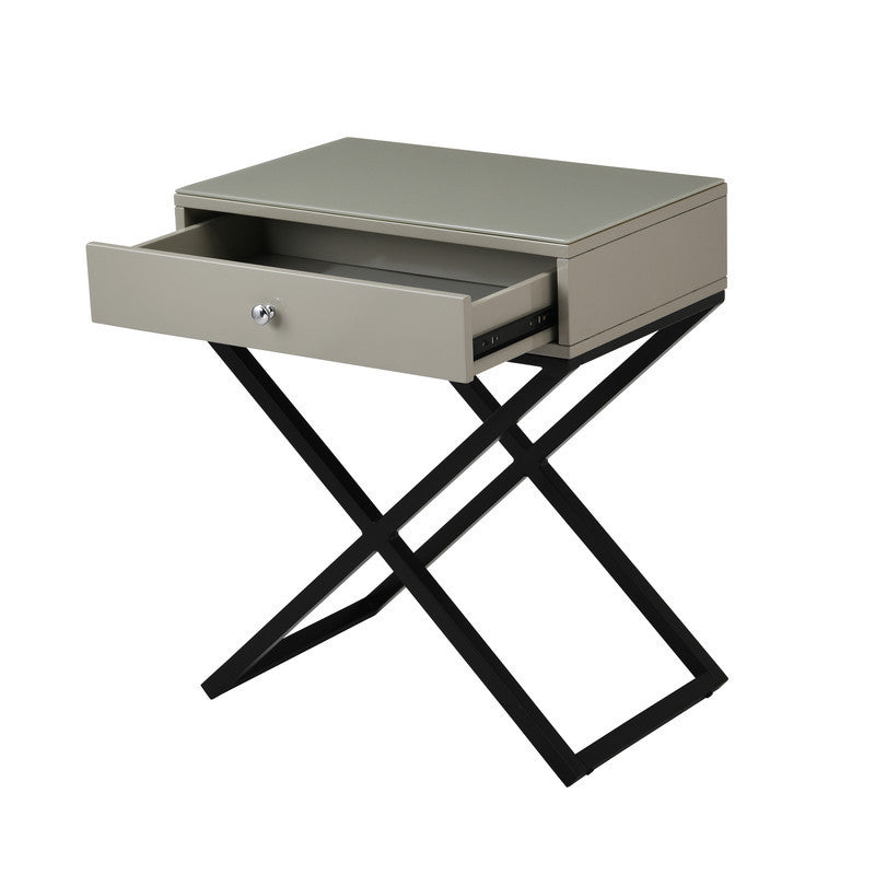 Koda 23" Taupe Wooden End Side Table Nightstand with Glass Top, Drawer and Metal Cross Base
