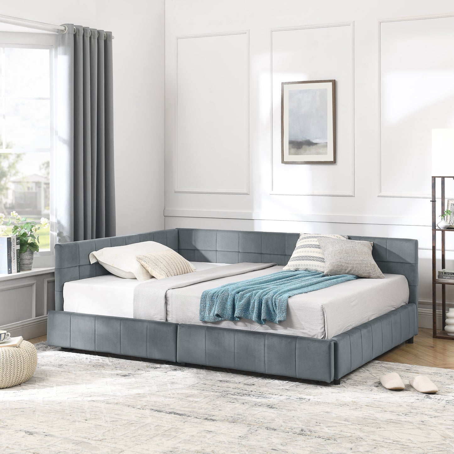 Full Size Storage Upholstered Tufted Bed Frame, Sofa Bed Frame with Comfortable Backrest and Armrests, Full Size Bed for Bedroom, Living Room,Velvet, GREY(80.5''*59''*29.5'')