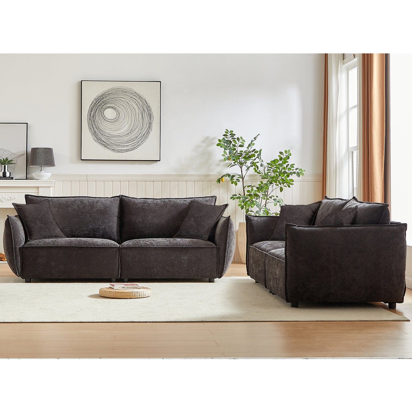 3-Seater + 3-Seater Combo Sofa Modern Living Room Sofa, Linen Fabric Sofa, Wooden Frame with 4 Pillows, Apartment Sofa Furniture