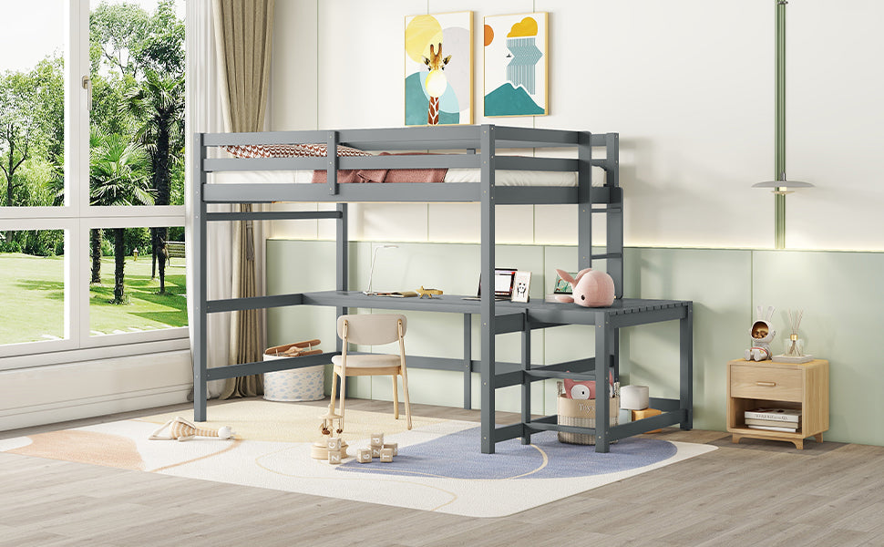 Full Size High Loft Bed with Built-in Desk, Ladder Platform, Ladders, Guardrails ,Grey