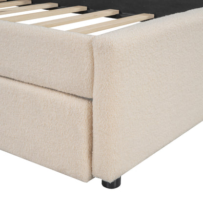 Teddy Fleece Twin Size Upholstered Platform Bed with Trundle, Beige