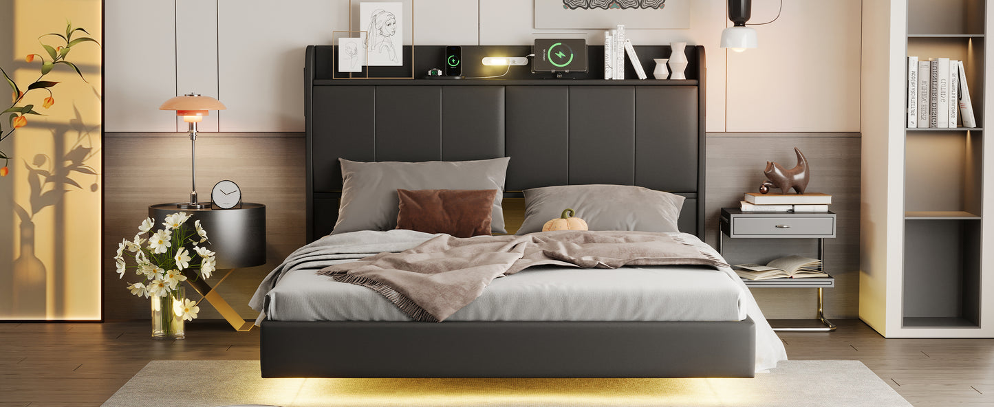 Queen Size Floating Bed Frame with Storage Headboard, Modern Upholstered Platform Bed with Touch Sensor Night Light and USB Charger, Black