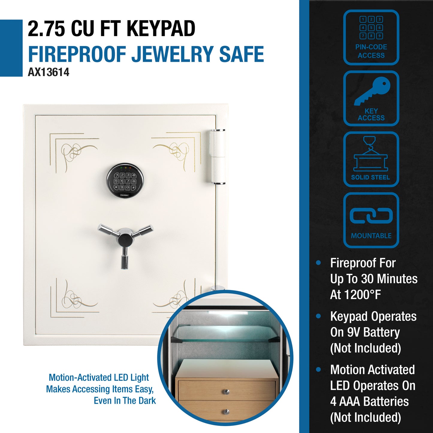 2.75 CUBIC FT KEYPAD FIREPROOF JEWELRY SAFE, WHITE