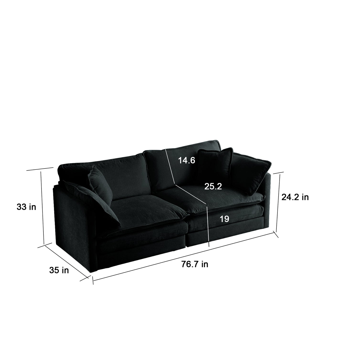 3 Piece Sofa Set with Arm Pillows and Toss Pillows , Sofa Set Include 2- Piece of Arm Chair and One 2-seat Sofa, Space Saving Casual Sofa Set for Living Room, Black Chenille