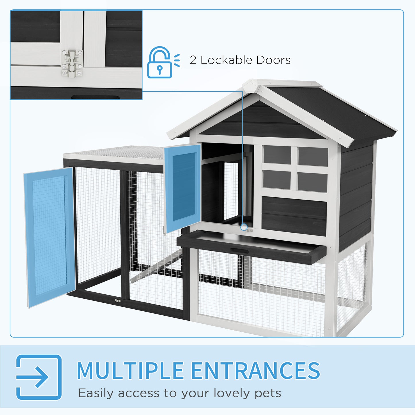 PawHut 48" Wooden Rabbit Hutch Bunny Cage with Waterproof Asphalt Roof, Fun Outdoor Run, Removable Tray and Ramp, Grey