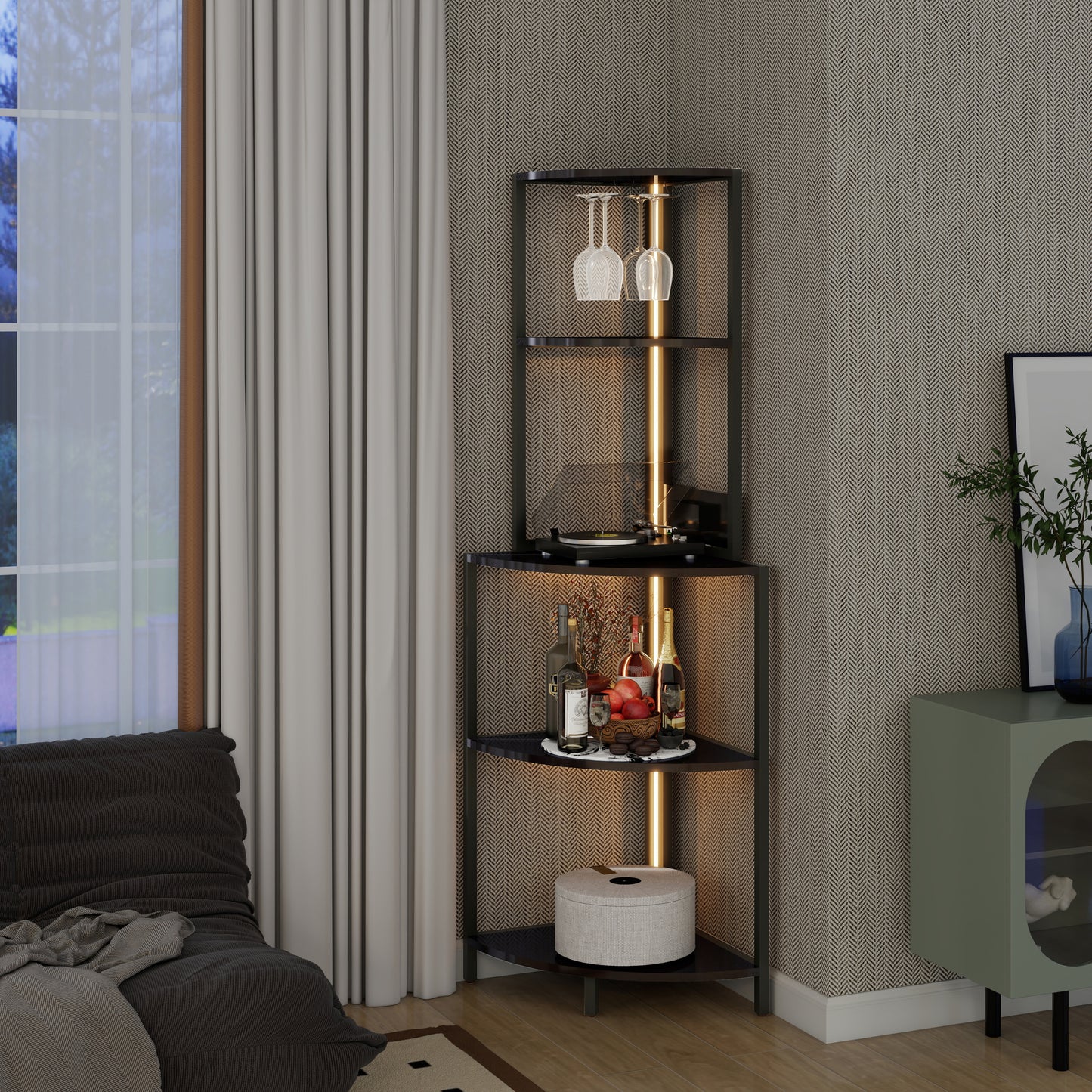 5 Tier Corner Shelf with LED Light and USB Plug, With Glass Holder, Tall Standing Shelf for Wall Corner, Narrow Bookshelf