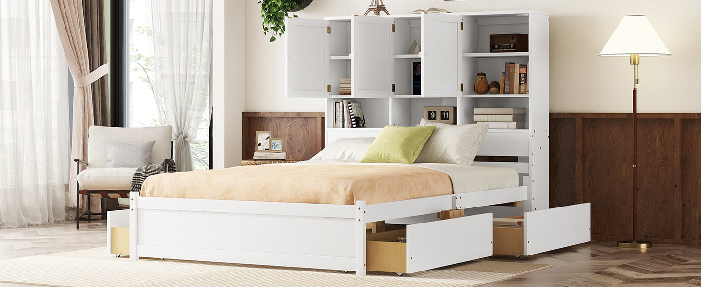 Queen Size Platform Bed with Storage Headboard and 4 Drawers, White