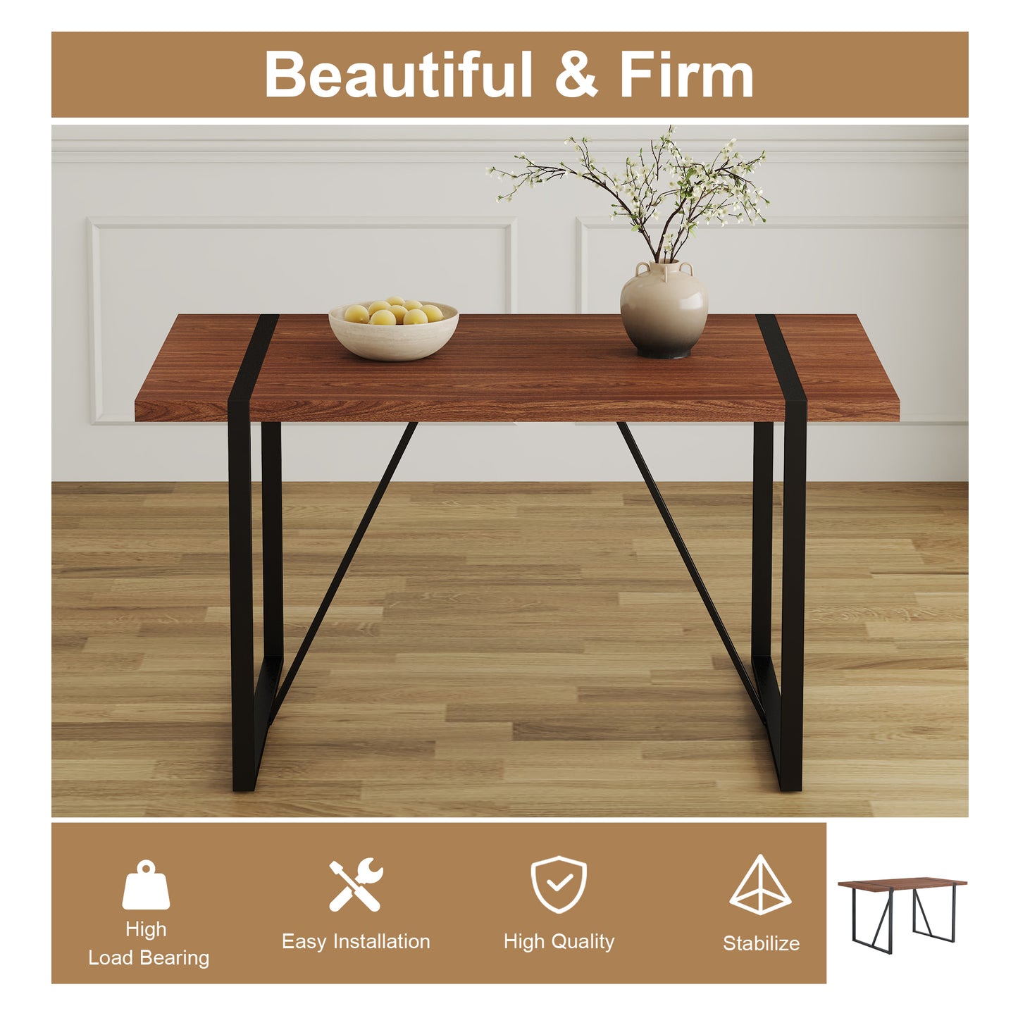 Industrial Rectangular MDF Walnut Color Wood Grain Dining Table for 4-6 people with 1.5 inch thick MDF top and black metal legs for desks, kitchens, patios, dining rooms.