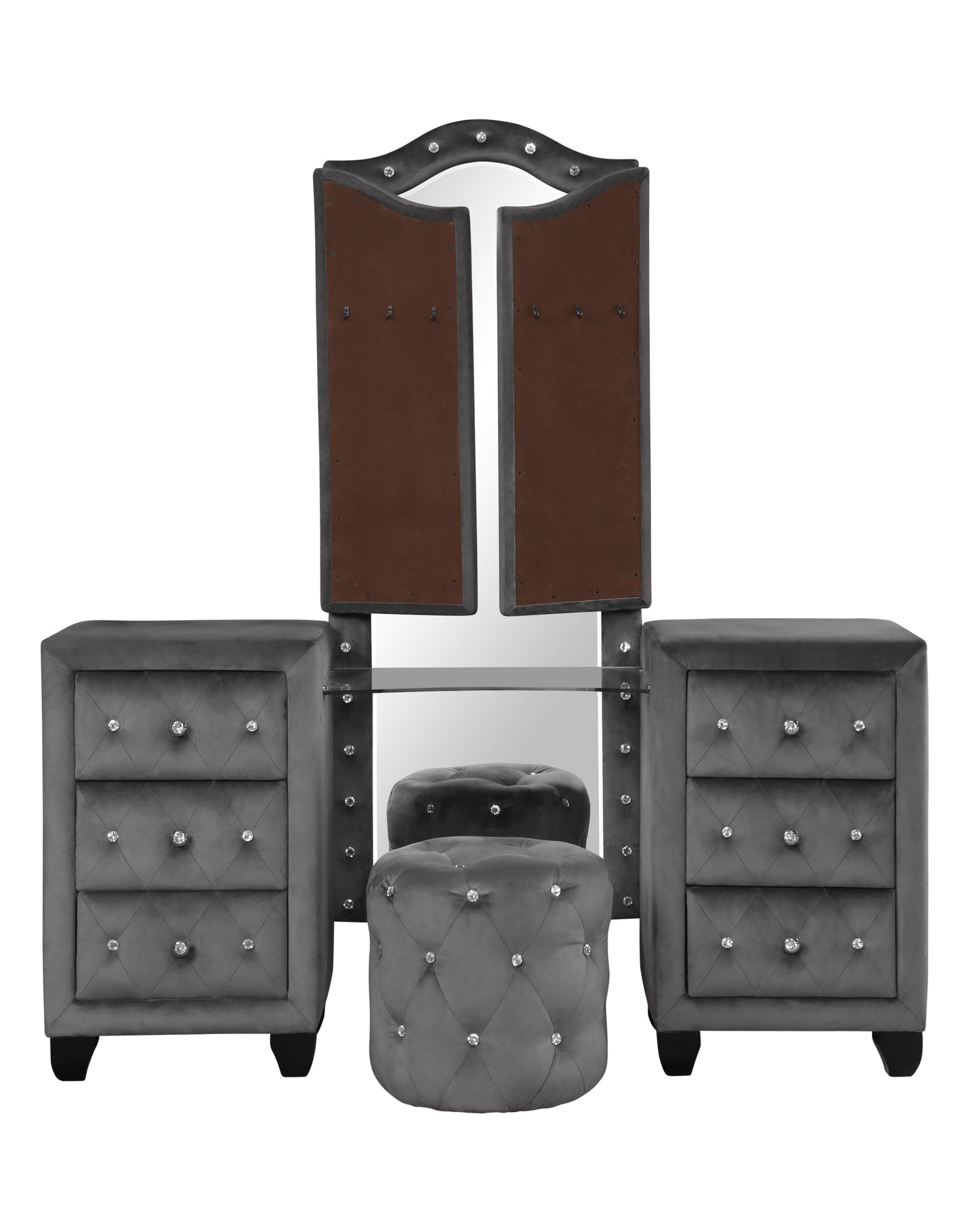 Modern Style Crystal Tufted Upholstery 6-Drawer Vanity Set with Stool, finished with Velvet Fabric made with Wood in Gray