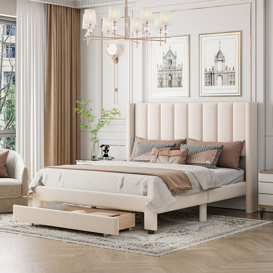 Queen Size Storage Bed Velvet Upholstered Platform Bed with a Big Drawer - Beige(old sku:WF296854AAA)