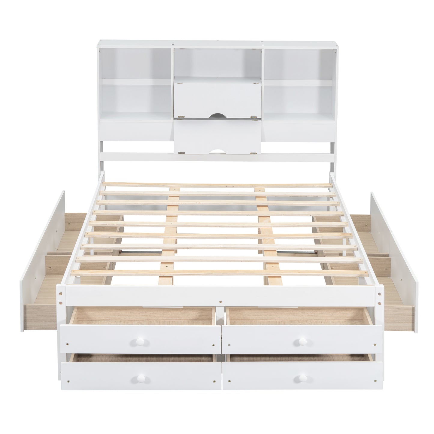 Queen Size Platform Bed with Storage Headboard and 8 Drawers, White