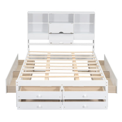 Queen Size Platform Bed with Storage Headboard and 8 Drawers, White