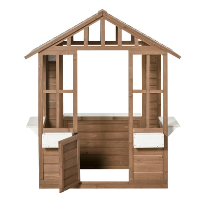 Outsunny Kids Wooden Playhouse, Outdoor Garden Games Cottage, with Working Door, Windows, Flowers Pot Holder, 47" x 38" x 54"