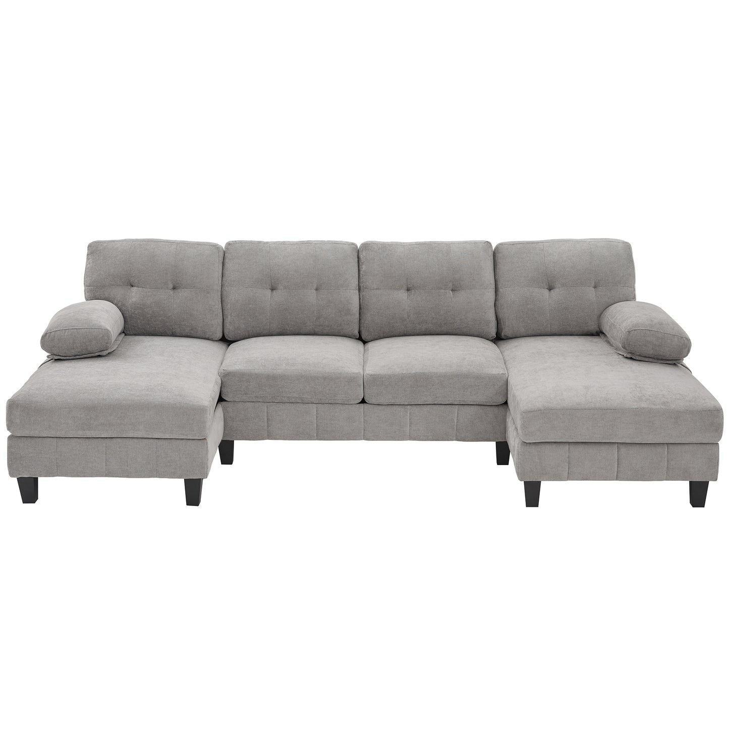 U-shaped Sectional Sofa 103.5' Chenille Fabric Couch with Dual Chaise Lounges, Storage Pockets and Armrest Pillows, Grey