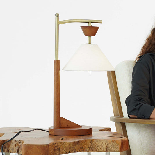 Bedside Bedroom Nightstand Desk Lamp Bedroom Study Lamps Wood Creative Lights Led Eye Protection Reading Living Room, Brown Solid Wood Base with Elegant Cone Linen Shade 110V