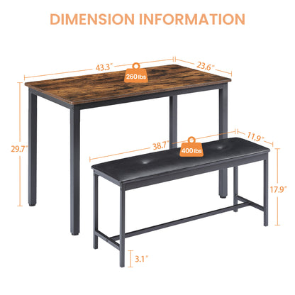 Dining Table Set, Barstool Dining Table (with 2 PU Upholstered Benches), Industrial Style Dining Table and Chairs for Kitchen, Living Room, Party Room, Rustic Brown,43.3″L x 23.6″W x 29.9″H