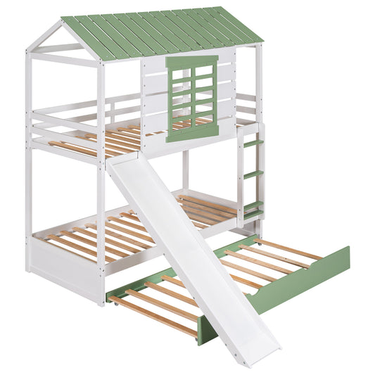 White+Green Twin over Twin House Bunk Bed with Convertible Slide and Trundle, Solid Pine Wood and MDF, 78.7''L x 81.8''W x 96''H