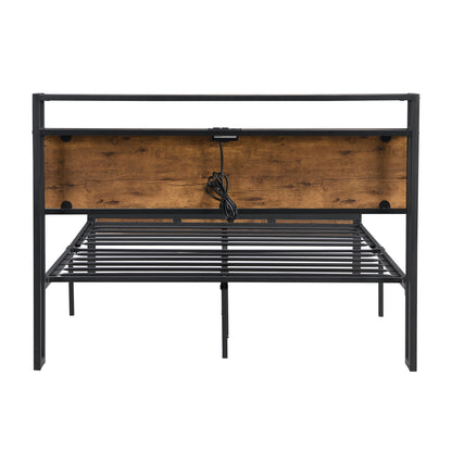 King Size Metal Platform Bed Frame with Wooden Headboard and Footboard with USB LINER, No Box Spring Needed, Large Under Bed Storage, Easy Assemble