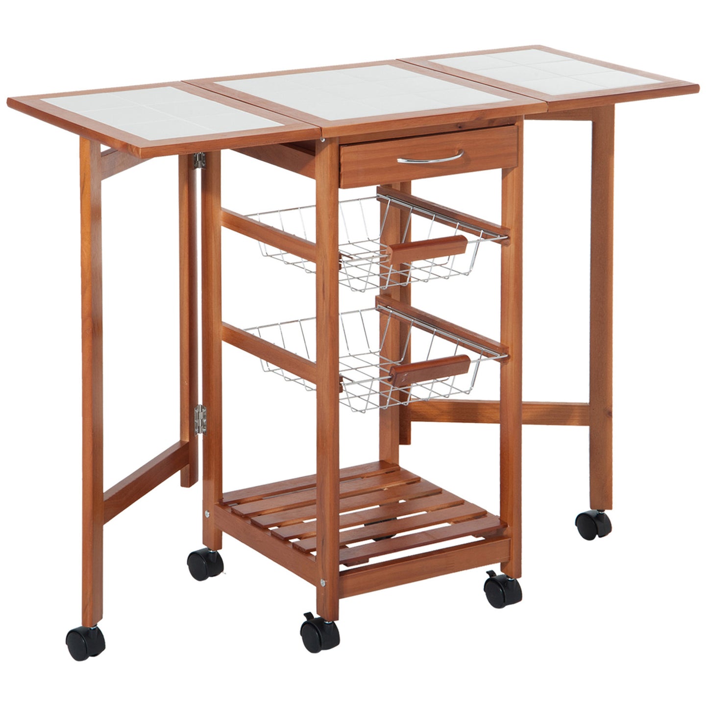 HOMCOM 37" Modern Wooden Kitchen Island with Drop Leaf, Rolling Cart With Basket Storage