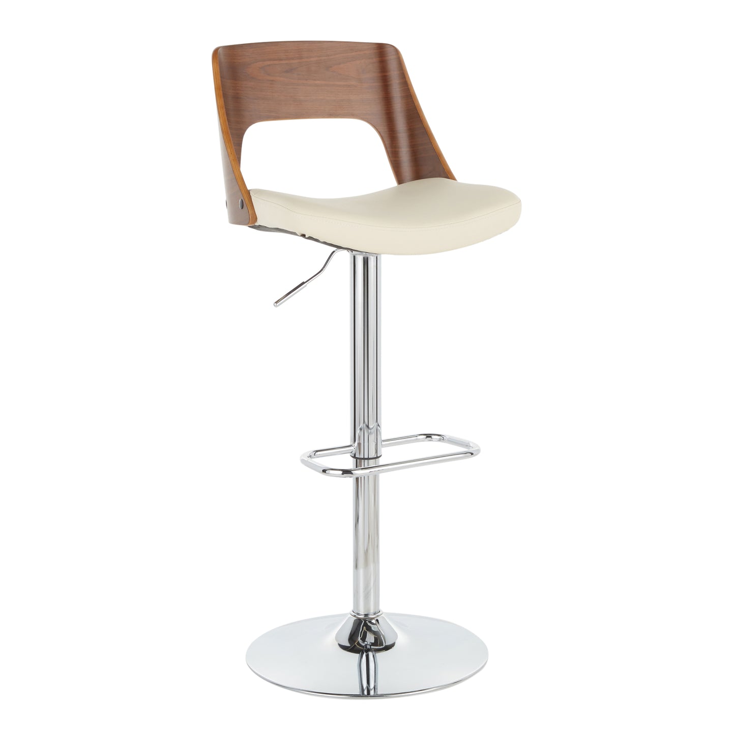 Valencia Mid-Century Modern Adjustable Barstool with Swivel in Walnut and Cream Faux Leather by LumiSource