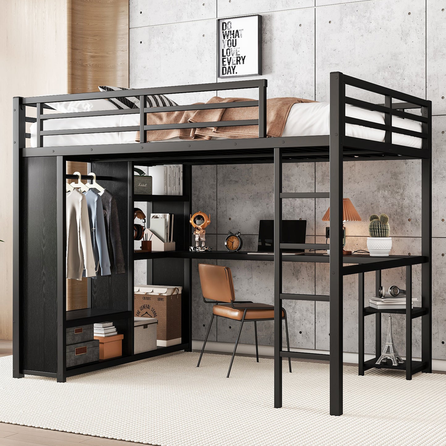 Queen Size Loft Bed Frame with Built-in Wardrobe, Metal Loft Bed with Desk and Storage Shelves, Black