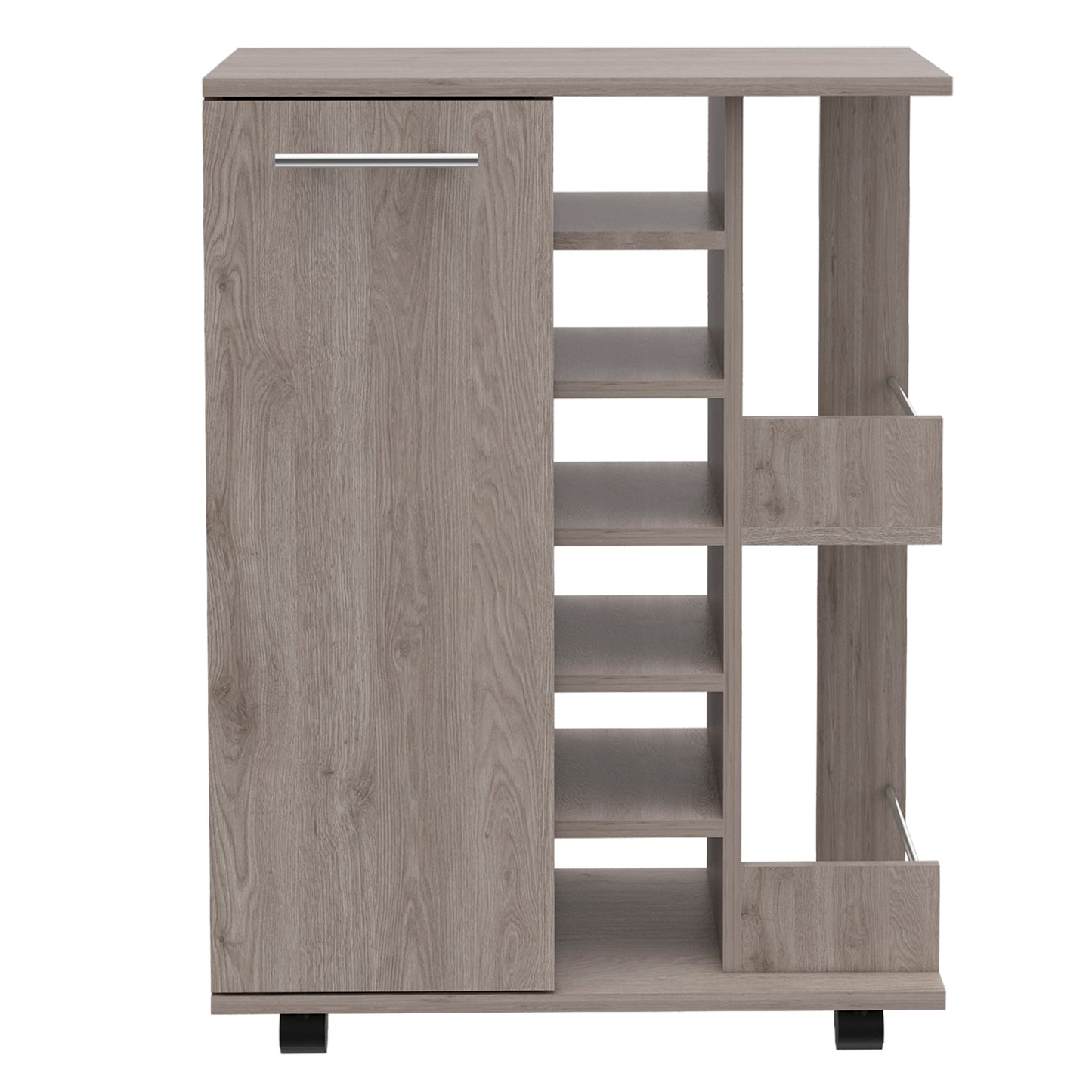 Bar Cart, Two External Shelves, Four Casters, Six Built-in Wine Rack, Single Door Cabinet -Light Gray