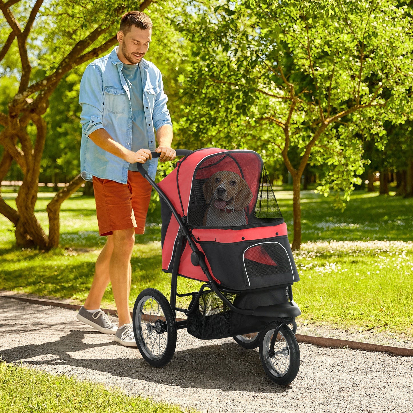 PawHut Pet Stroller for Small and Medium Dogs, 3 Big Wheels Foldable Cat Stroller with Adjustable Canopy, Safety Tether, Storage Basket, Red