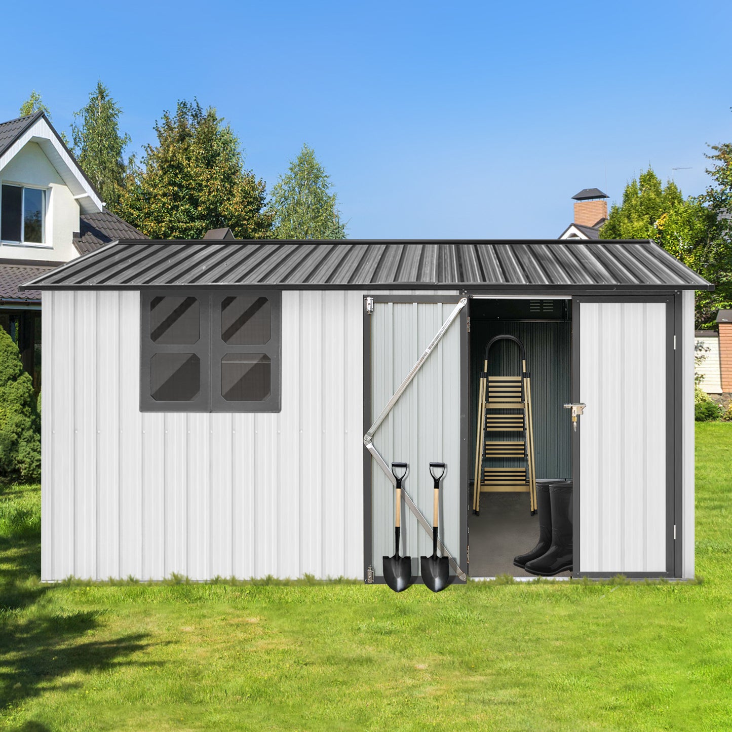 Metal garden sheds 10ftx12ft outdoor storage sheds white+grey with window