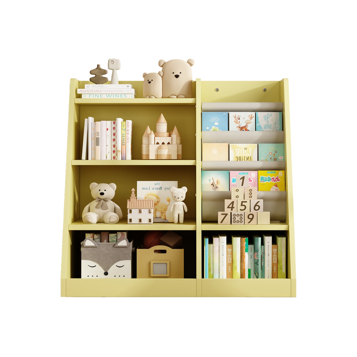 Yellow Wooden Toy Storage Organizer Cabinet Kids Bookshelf  Children Bookcase Toddler Baby Sling Book Rack Adjustable Shelf for Playroom Bedroom Nursery Hallway School Kindergarten Living Roomy