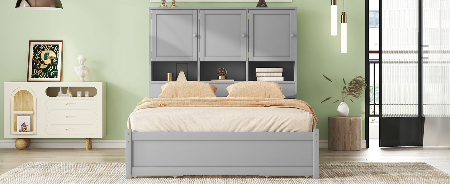 Queen Size Platform Bed with Storage Headboard and 4 Drawers, Gray