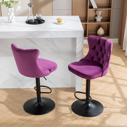 Swivel Velvet Barstools Adjusatble Seat Height from 25-33 Inch,17.7inch base, Modern Upholstered Bar Stools with Backs Comfortable Tufted for Home Pub and Kitchen Island,Purple,Set of 2,SW1812PP