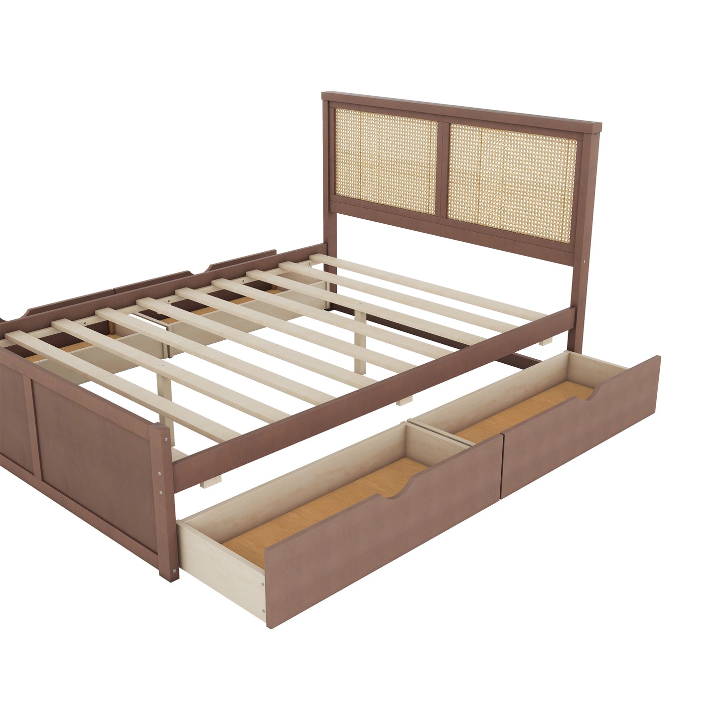 Queen Size Wood Storage Platform Bed with 4 Drawers, Rattan Headboard, Espresso