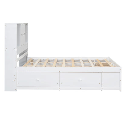 Queen Size Platform Bed with Storage Headboard and 8 Drawers, White