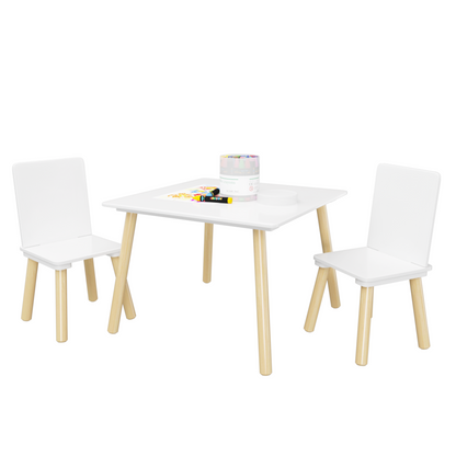 Kids Table and 2 Chairs Set, 3 Pieces Toddler Table and Chair Set, Wooden Activity Play Table Set (White)