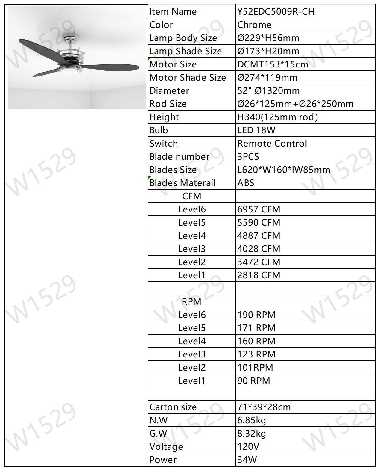 52'' ABS Blades Ceiling Fan with Lights and Remote (6 Speeds Adjustable) , DC Motor Modern Ceiling Fan with 3 ABS Fan Blades & 2 Down Rods, Indoor Ceiling Fan with Light for Home Use