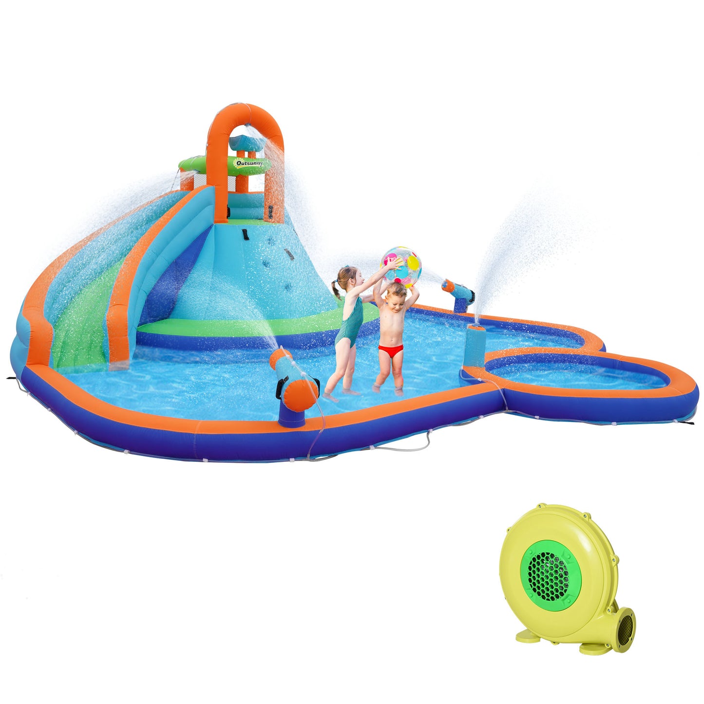 Outsunny Kids Inflatable Water Slide 4-in-1 Bounce House Water Park Jumping Castle with Water Pool, Slide, Climbing Walls, & 2 Water Cannons, 450W Air Blower