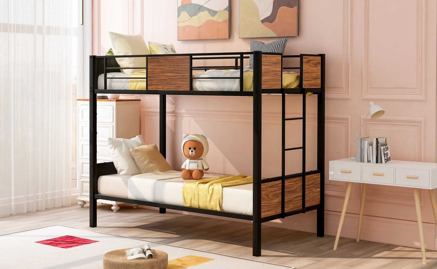 Twin-over-twin bunk bed modern style steel frame bunk bed with safety rail, built-in ladder for bedroom, dorm, boys, girls, adults (OLD SKU:MF190839AAD)