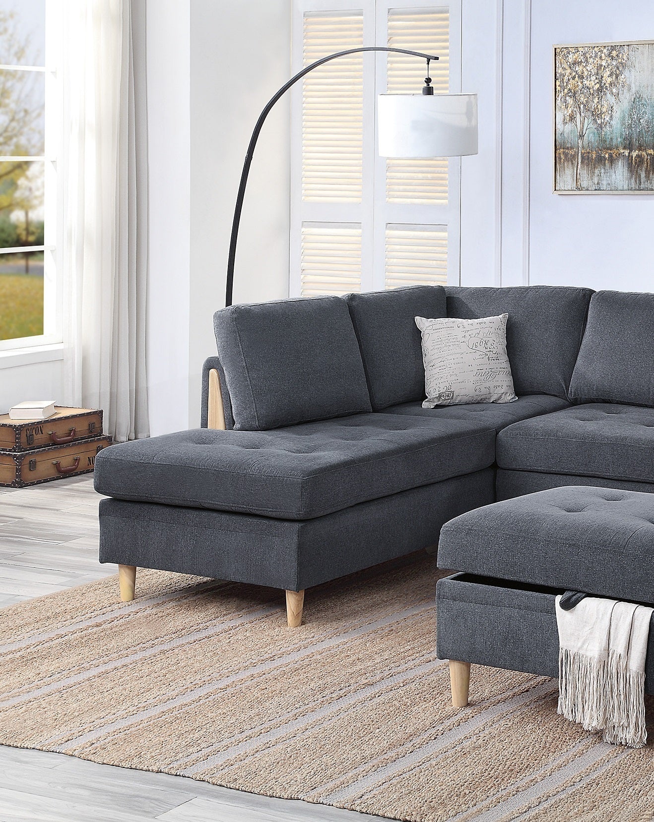 3-PCS Reversible Sectional Set Living Room Furniture Charcoal Color Chenille Couch Sofa, Reversible Chaise Ottoman