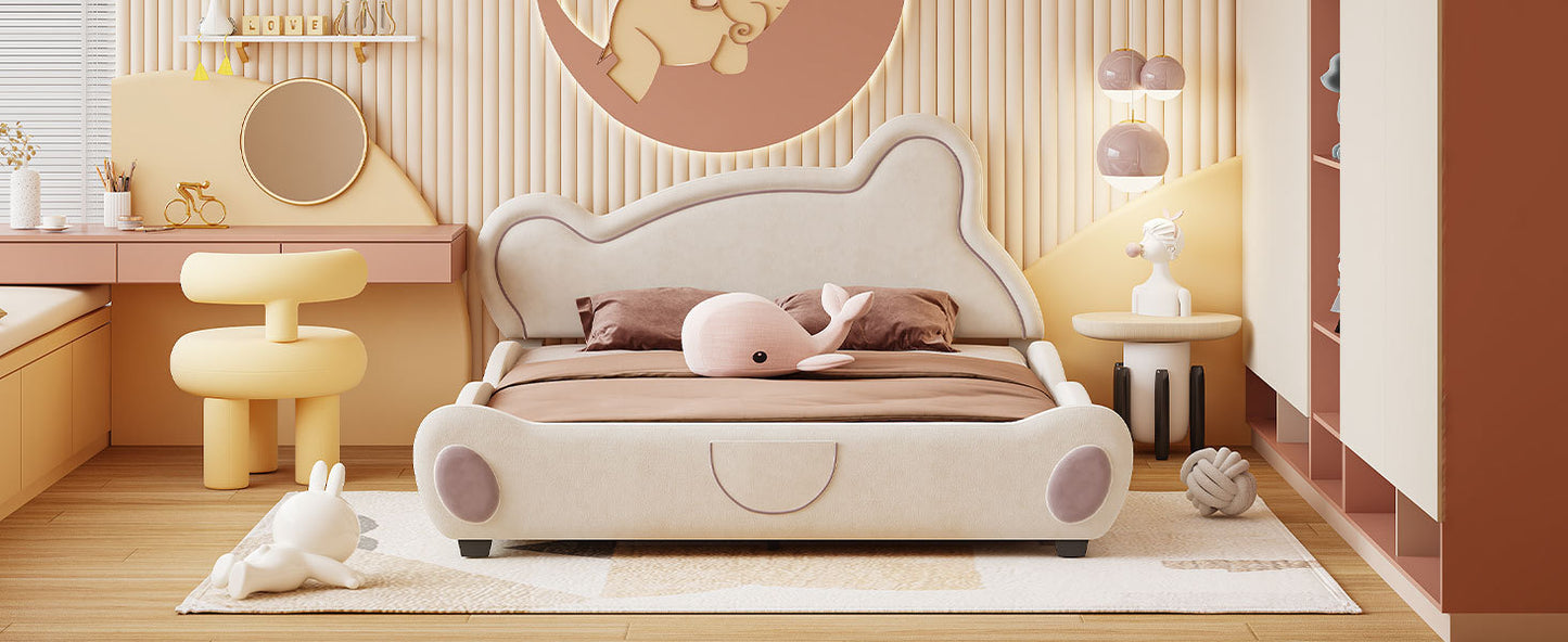 Queen Size Velvet Platform Bed with Bear-Shaped Headboard, with Bed-End Storage Pocket, Beige