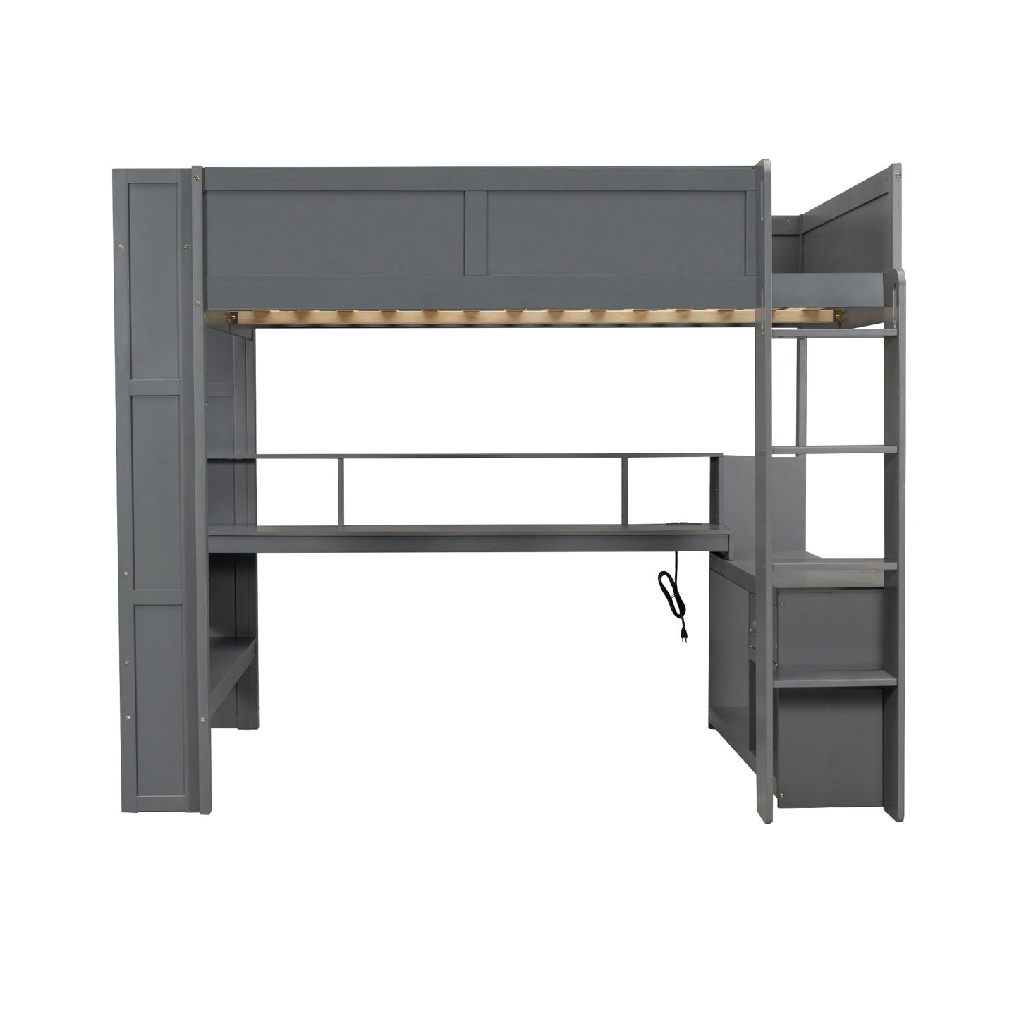 Wood Full Size Gaming Loft Bed with Desk, Multi-storage Shelves, LED and Charging Station in Dark Gray, Pine Wood+MDF, 87.1''L x 65.4''W x 71.9''H