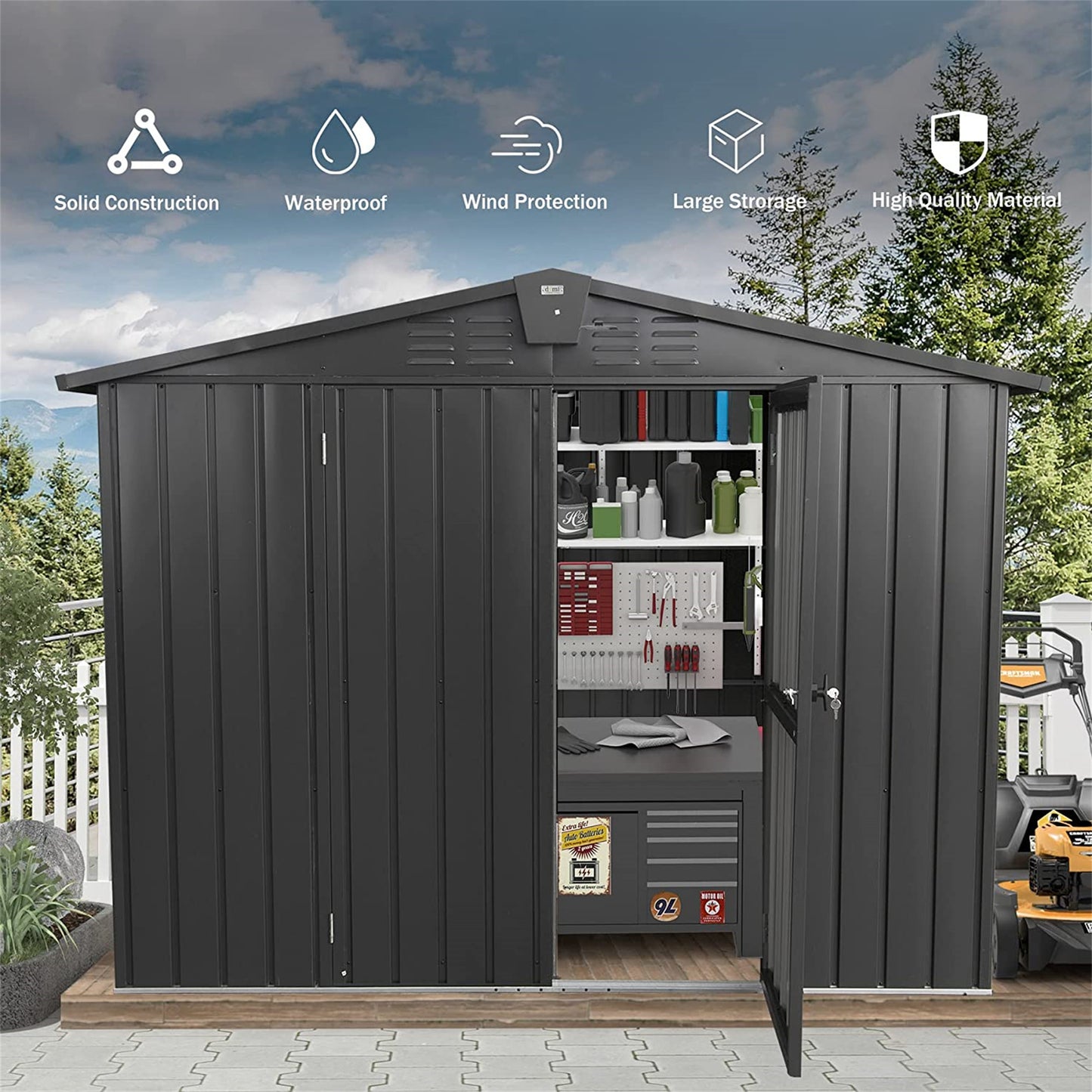 Outdoor Storage Shed 8.2'x 6.2', Metal Garden Shed for Bike, Trash Can, Galvanized Steel Outdoor Storage Cabinet with Lockable Door for Backyard, Patio, Lawn (8.2x6.2ft, Dark Gray)